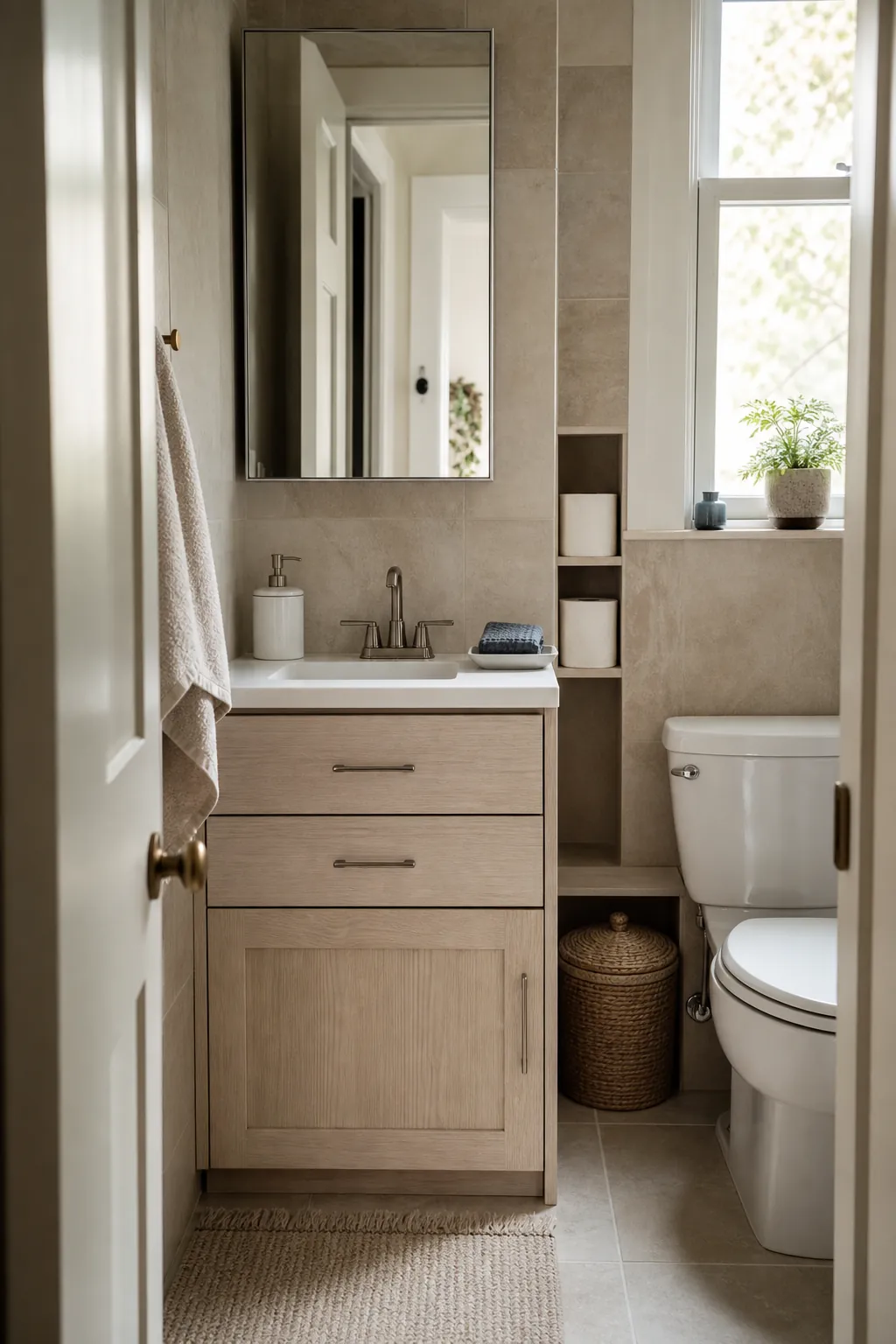 tiny bathroom with a small vanity and smart hidden storage