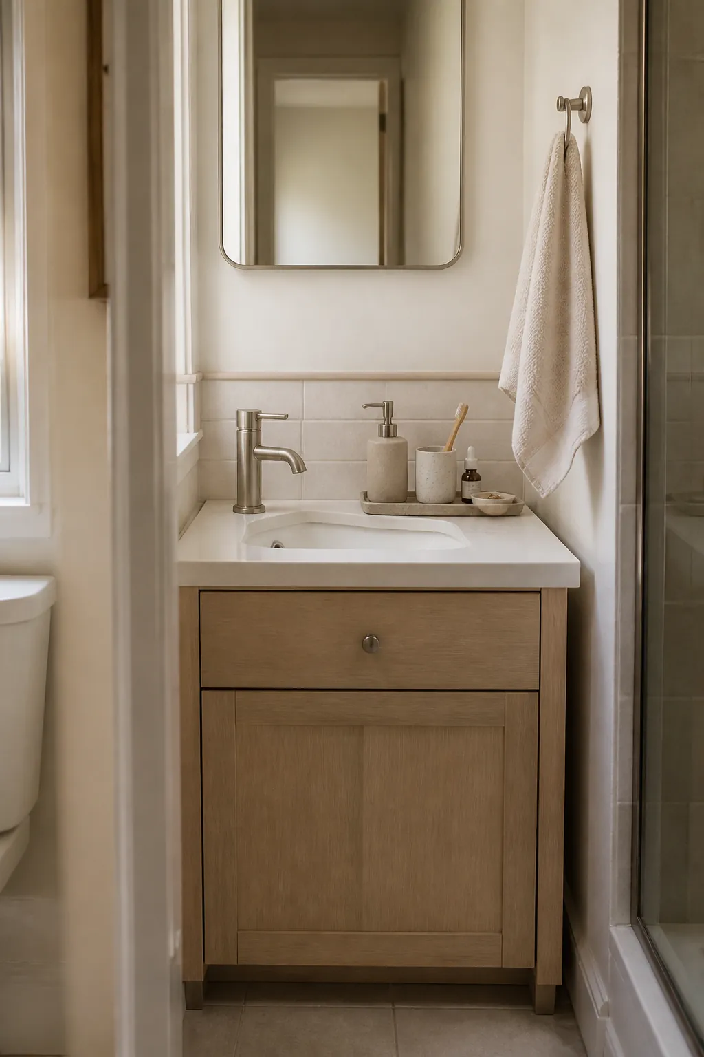 small bathroom counter storage tray on a compact vanity