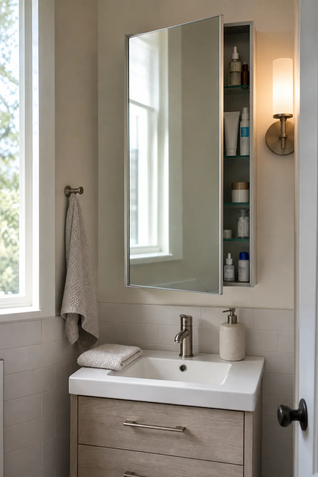 slim mirrored medicine cabinet above a small bathroom vanity