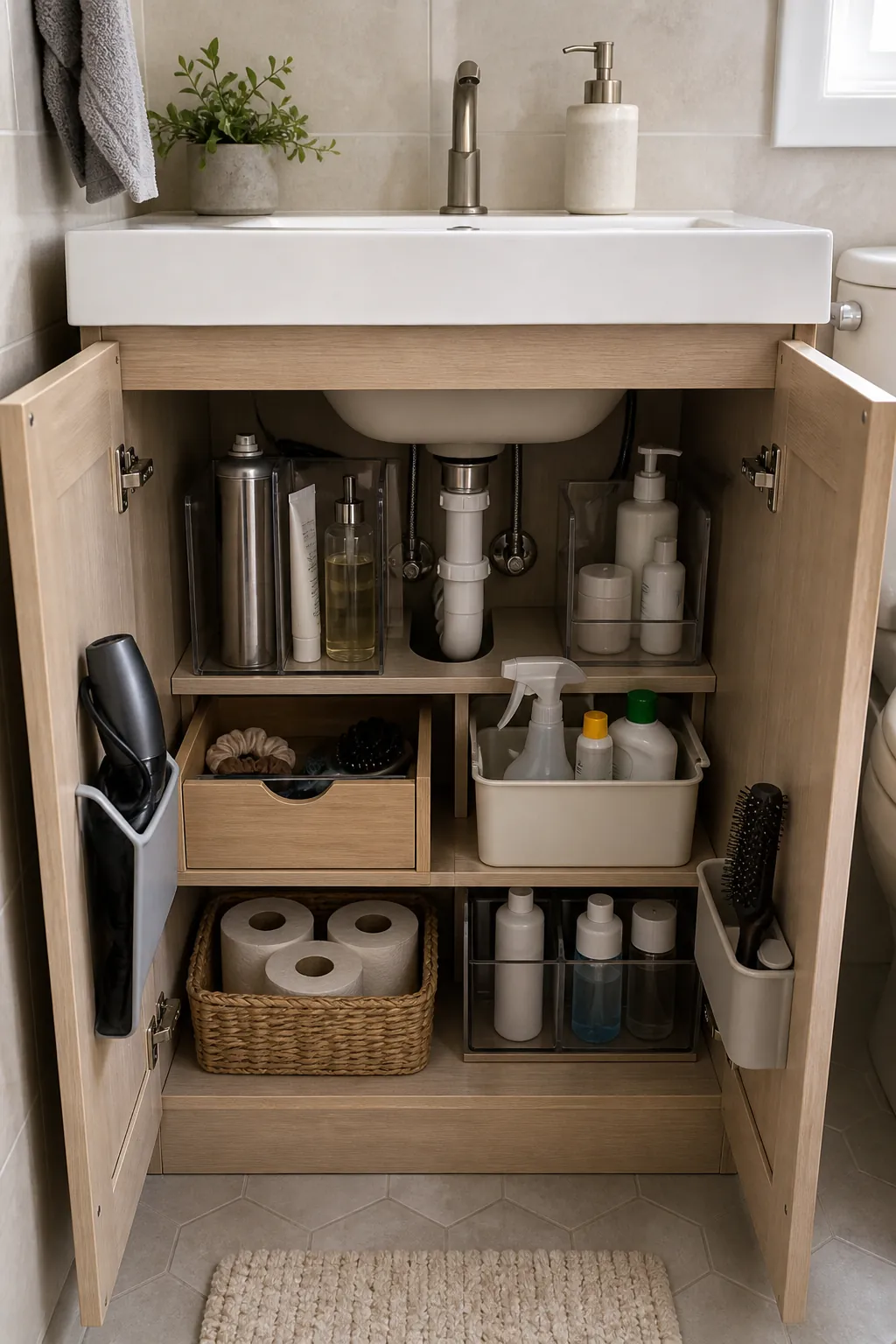 hidden storage inside small bathroom vanity cabinet doors