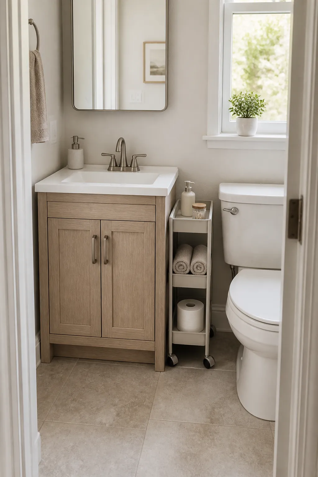 narrow storage cart beside compact bathroom vanity