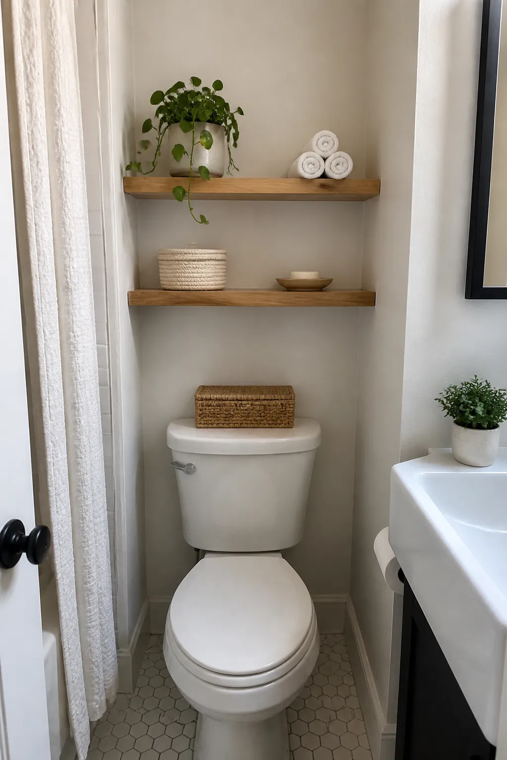 Slim floating shelves above a toilet in a tiny bathroom