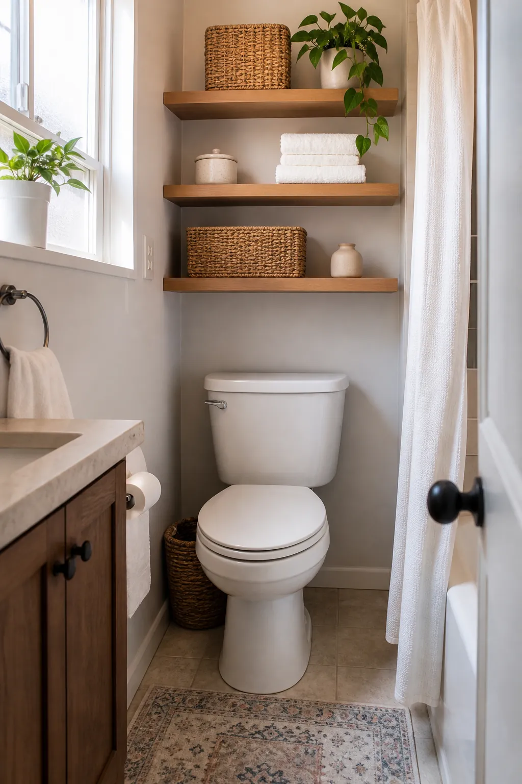 Tiny bathroom with stylish over toilet storage shelves