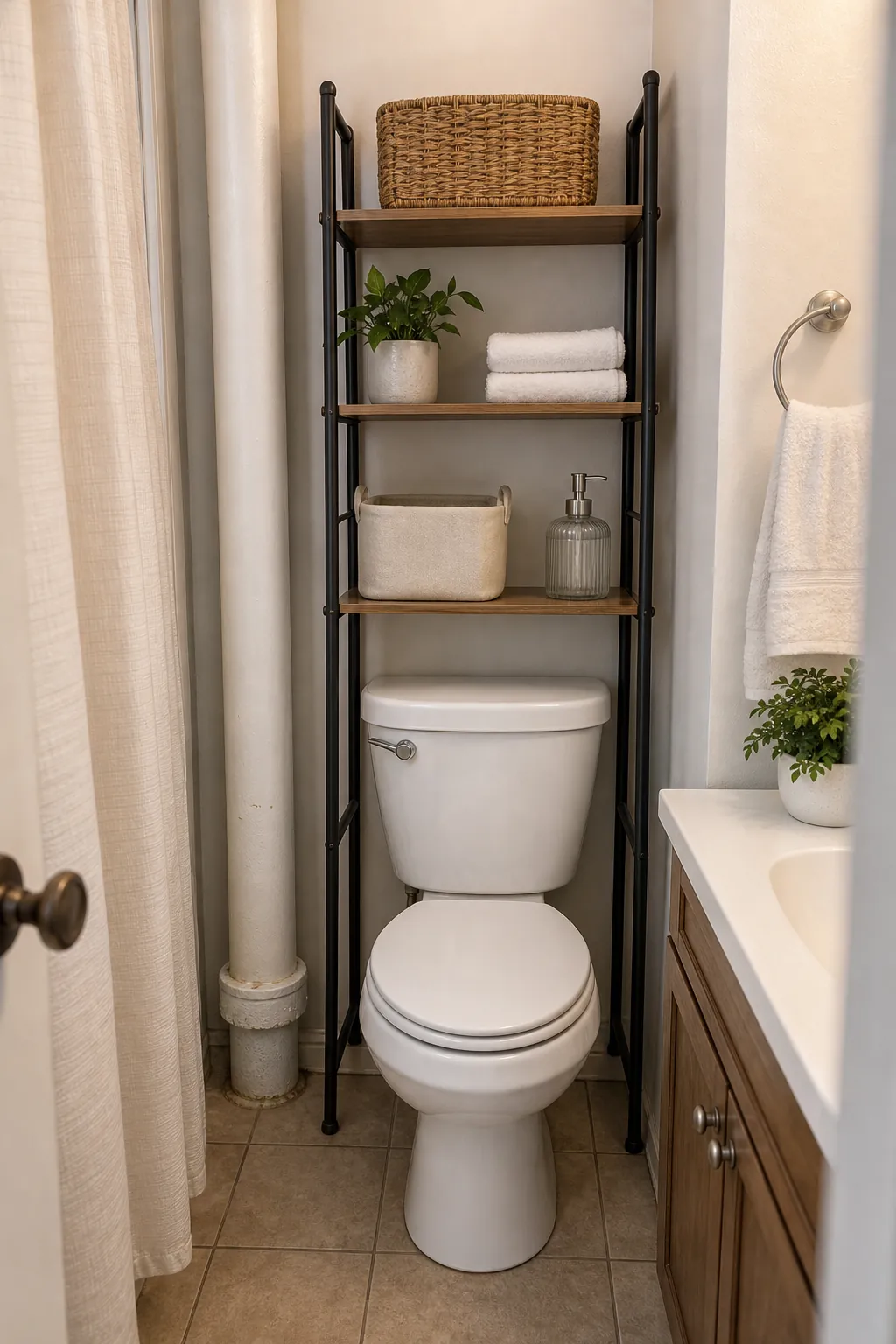 Renter friendly over toilet storage with freestanding shelves in a small bathroom