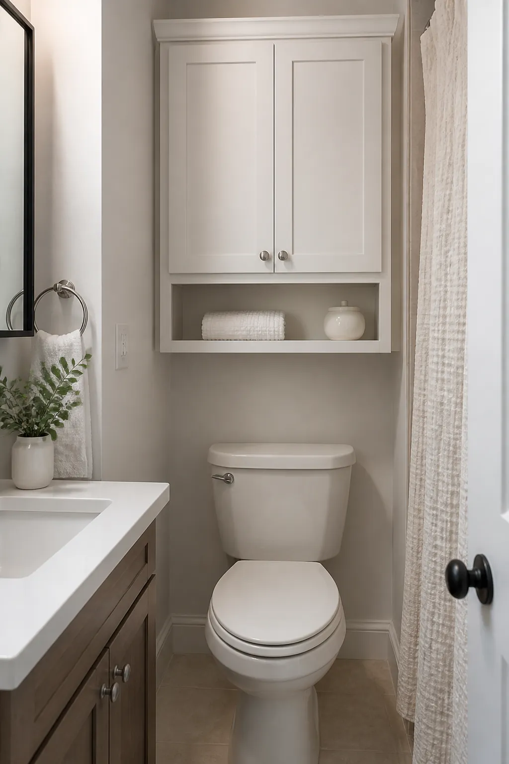 Closed white cabinet over a toilet for tiny bathroom storage