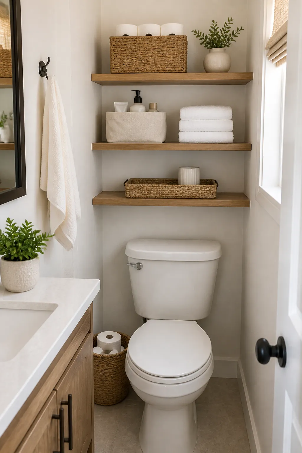 Open over toilet shelves with baskets and folded towels