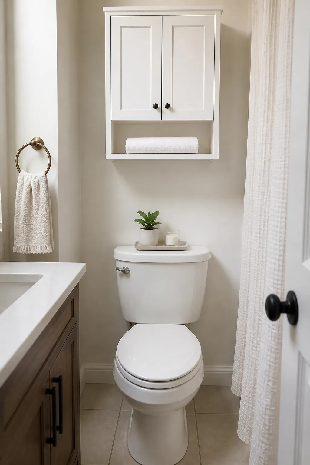 Minimal toilet tank tray and calm over toilet storage in a tiny bathroom