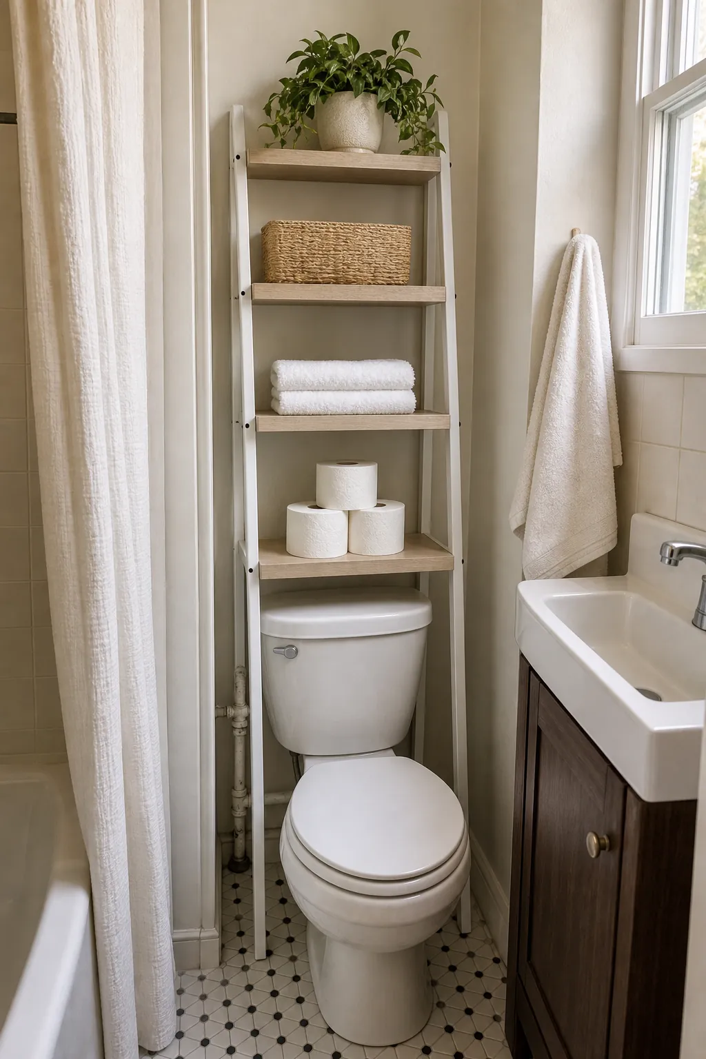 Narrow ladder shelf above toilet in a small bathroom with awkward pipes