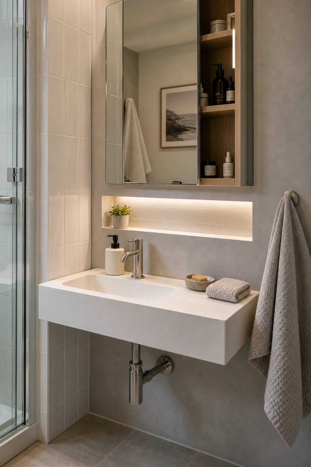 Compact bathroom sink with mirrored cabinet and clear counter
