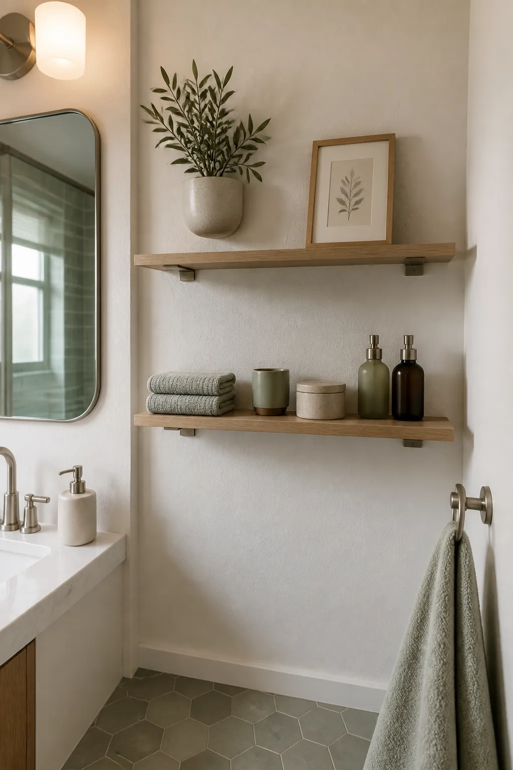 Slim bathroom shelves styled with towels and small containers