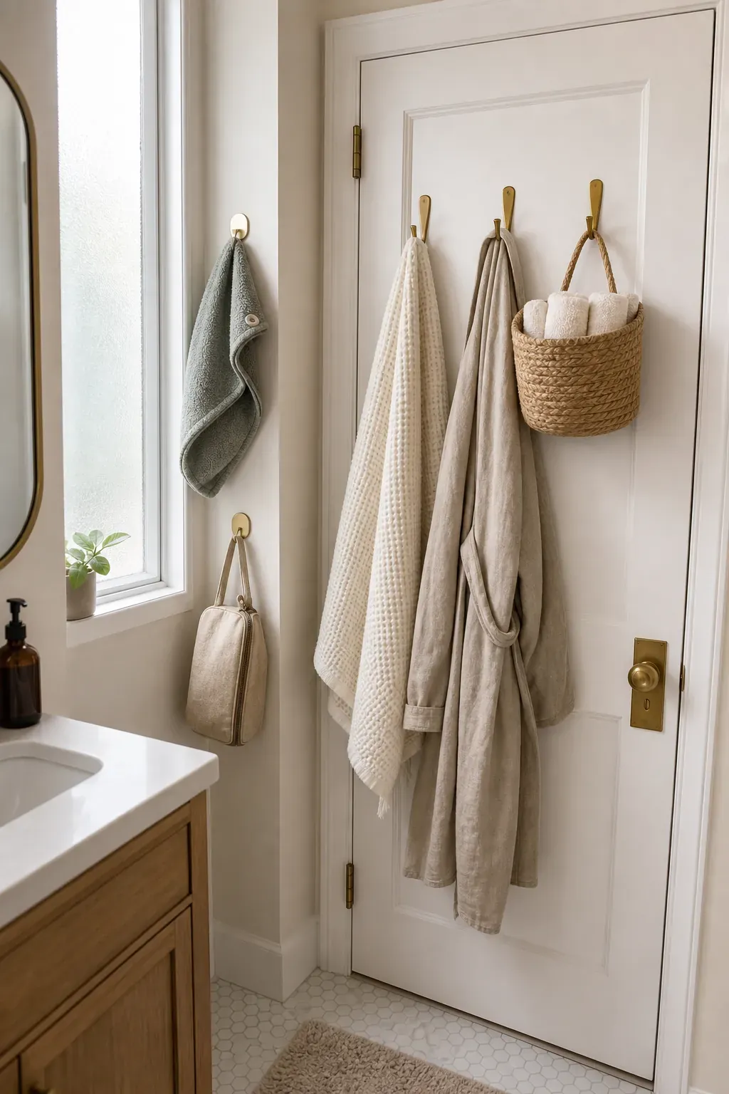 Tiny bathroom door hooks holding towels and a small hanging basket