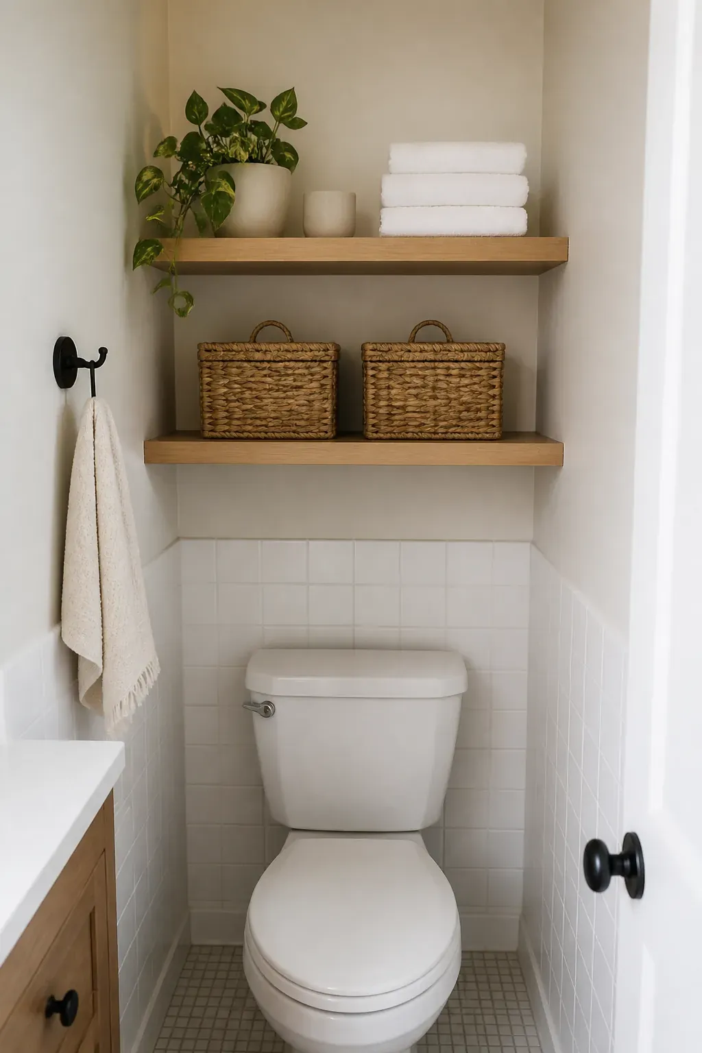 Tiny bathroom over toilet shelves with lidded baskets and folded towels