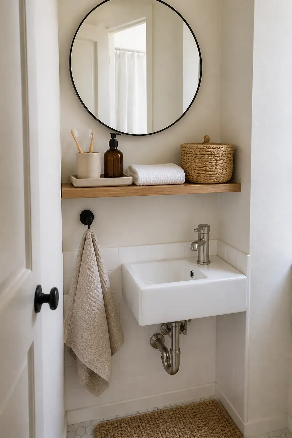 Tiny bathroom sink with a shallow shelf, tray, basket, and wall hook
