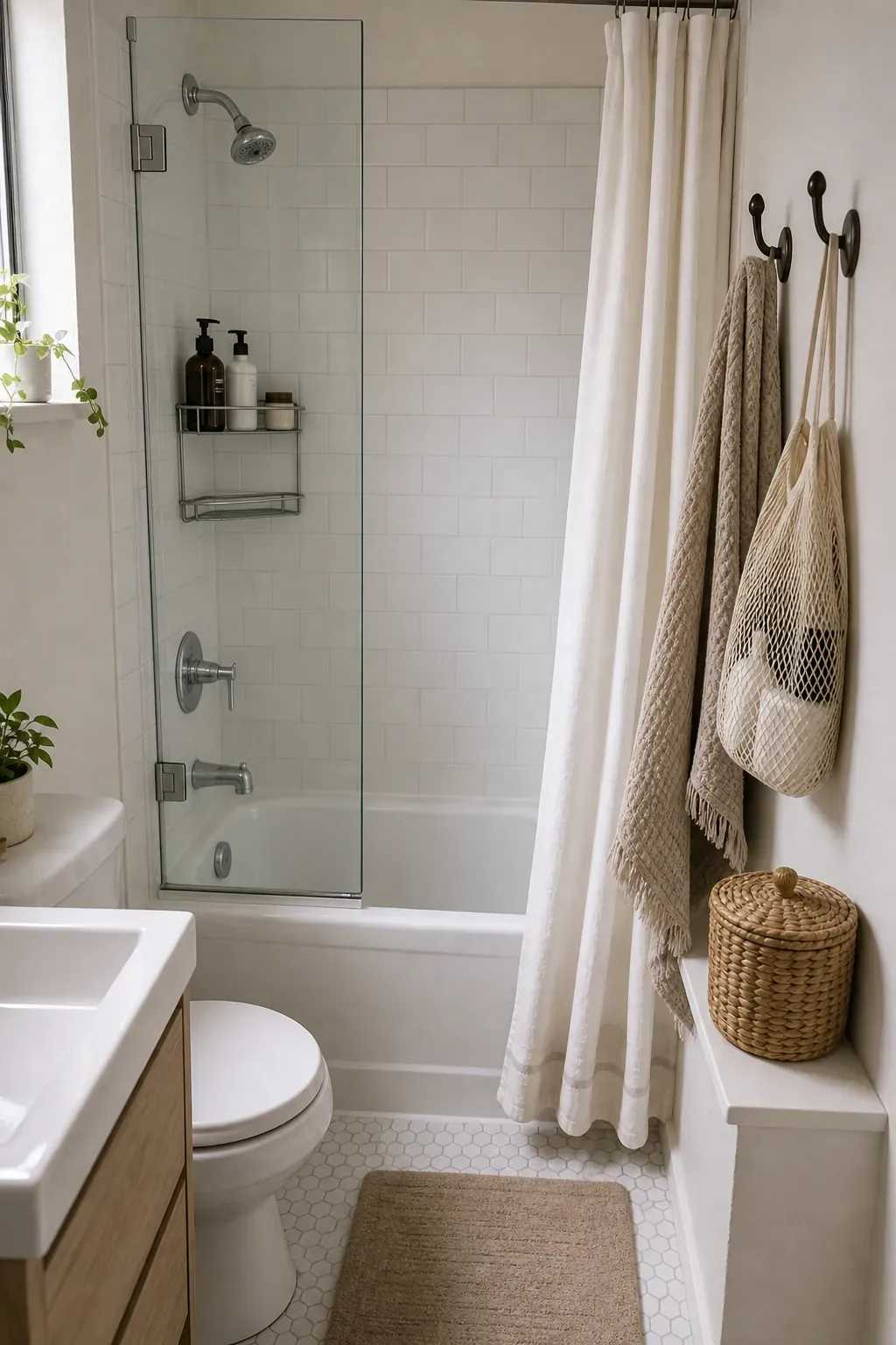 Tiny bathroom shower zone with hooks, a compact caddy, and dry basket storage