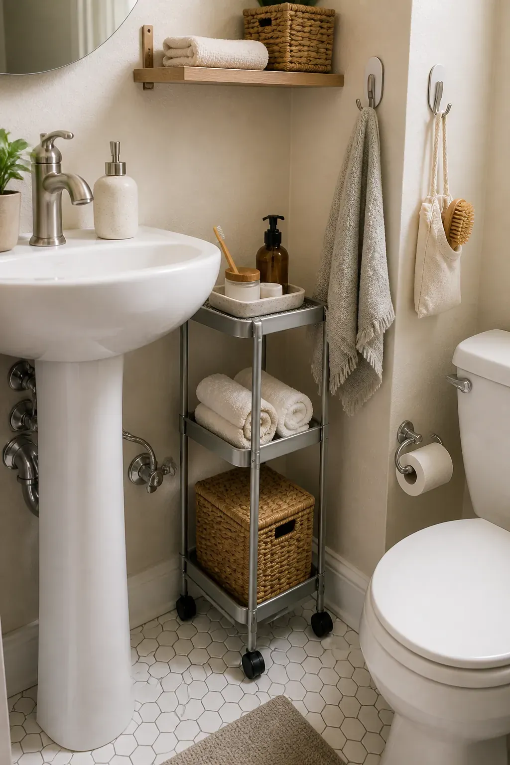 Tiny bathroom slim rolling cart with baskets beside a pedestal sink