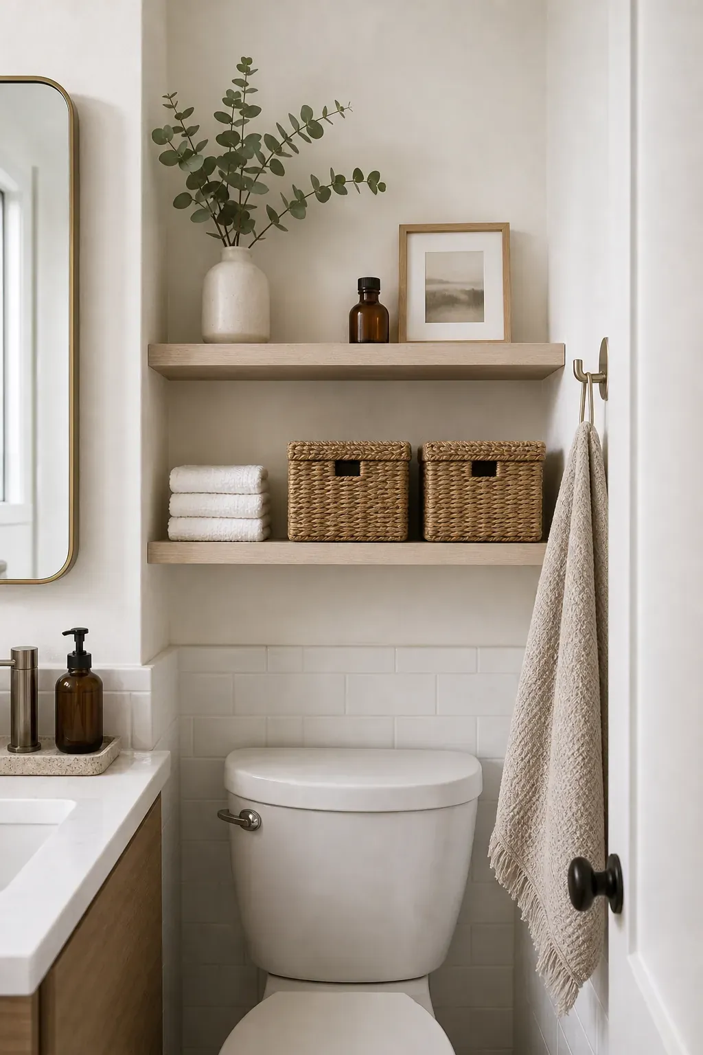 Open bathroom shelves styled with lidded baskets, towels, and simple decor