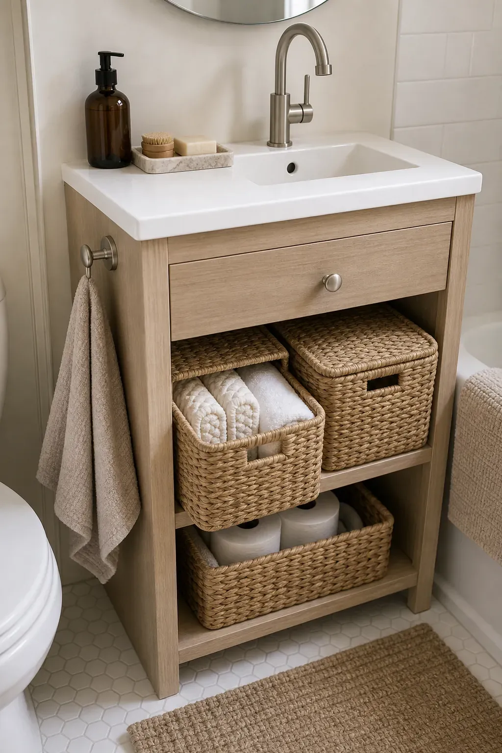 Tiny bathroom vanity with lidded basket storage and a clear counter