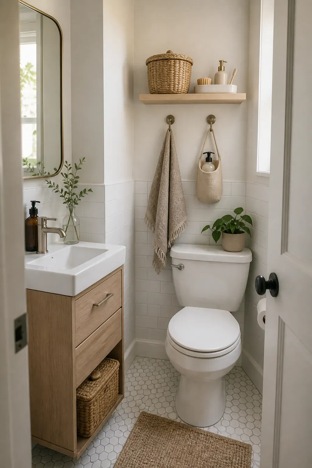 Tiny bathroom storage plan using shelves, hooks, and lidded baskets