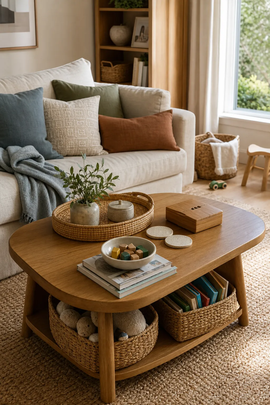 Kid friendly coffee table styling in a cozy family living room