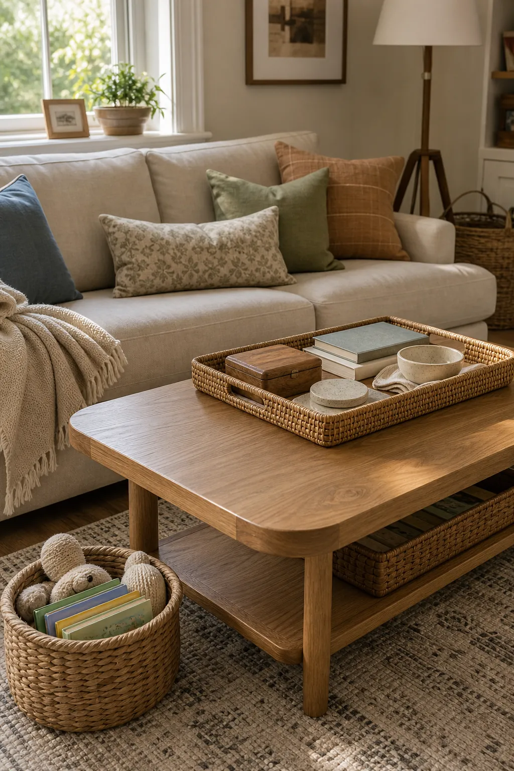 Practical coffee table tray with books coasters and toy storage in a family living room