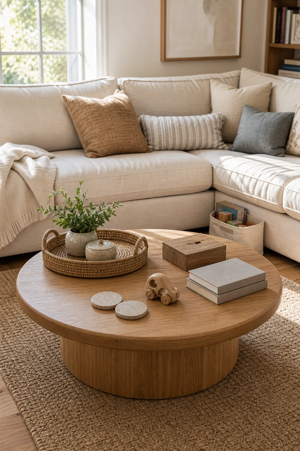 Kid friendly rounded wood coffee table styled in a cozy living room
