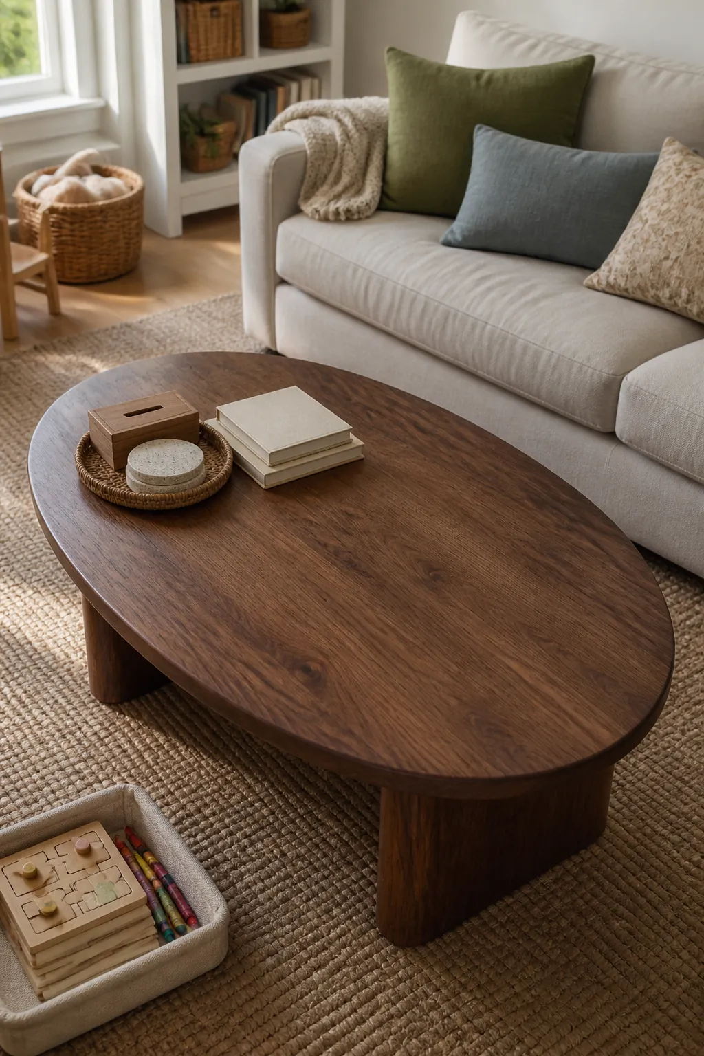 Coffee table with clear center space for kids and everyday family use