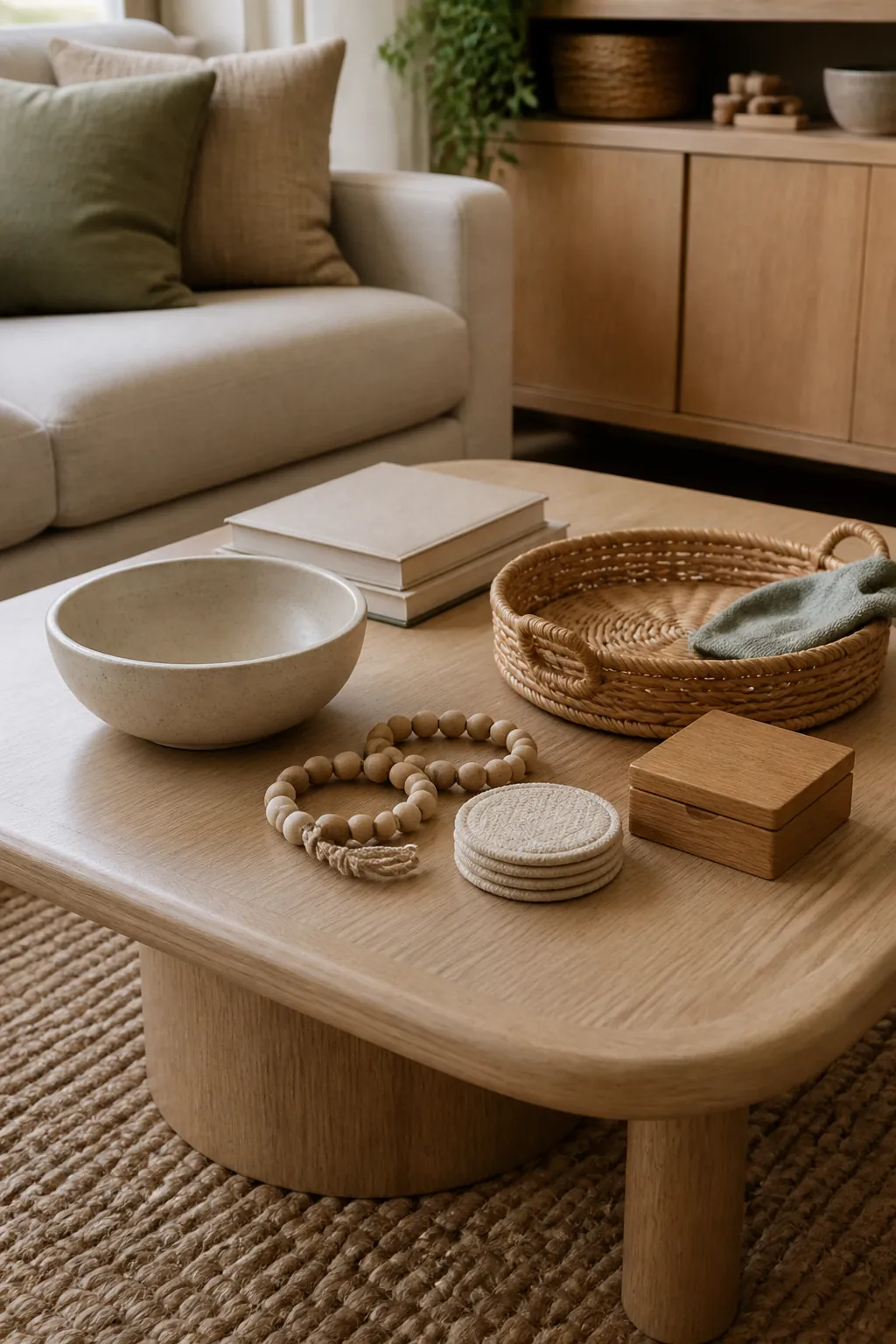 Touch friendly coffee table decor with durable bowls books and woven textures
