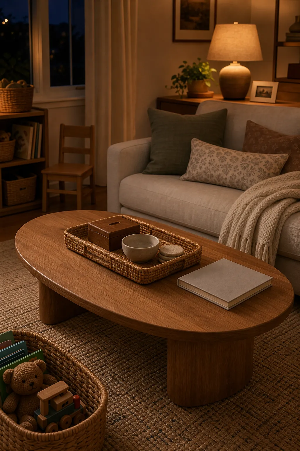 Evening reset coffee table styling in a cozy family living room after kids bedtime