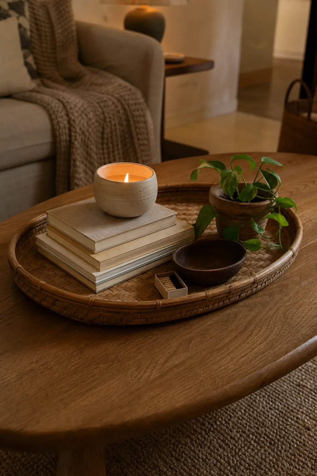 Coffee table decor tray zone with candle, books, bowl, and warm natural textures