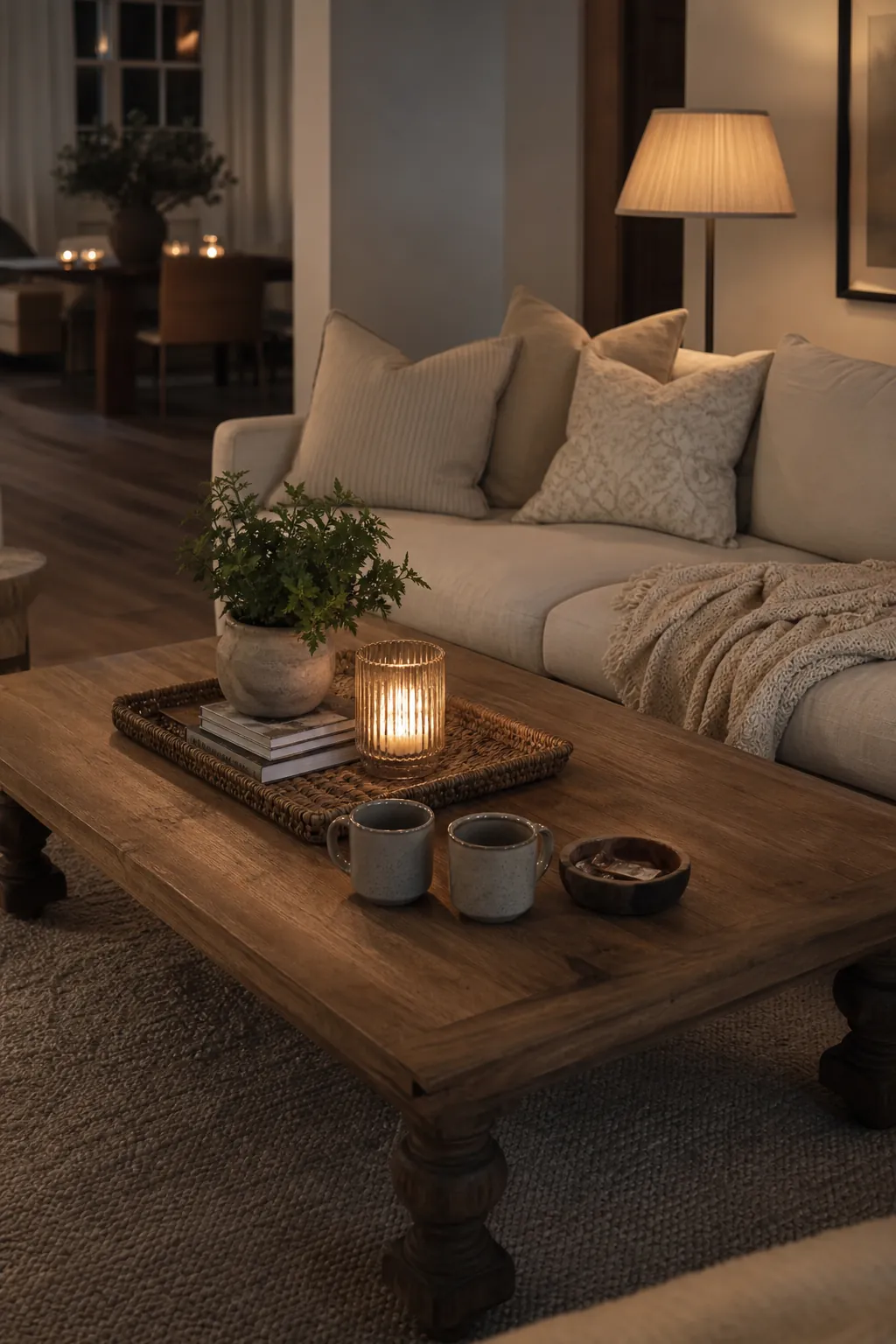Cozy evening living room table styling with warm light, neutral decor, and natural textures