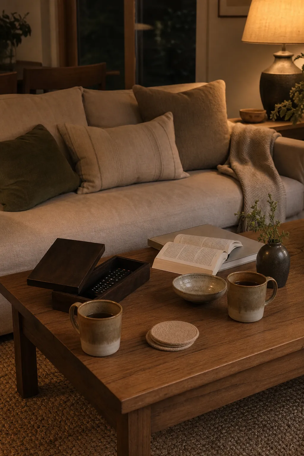 Cozy living room table styling with tea mugs, books, remote, and a soft evening sofa