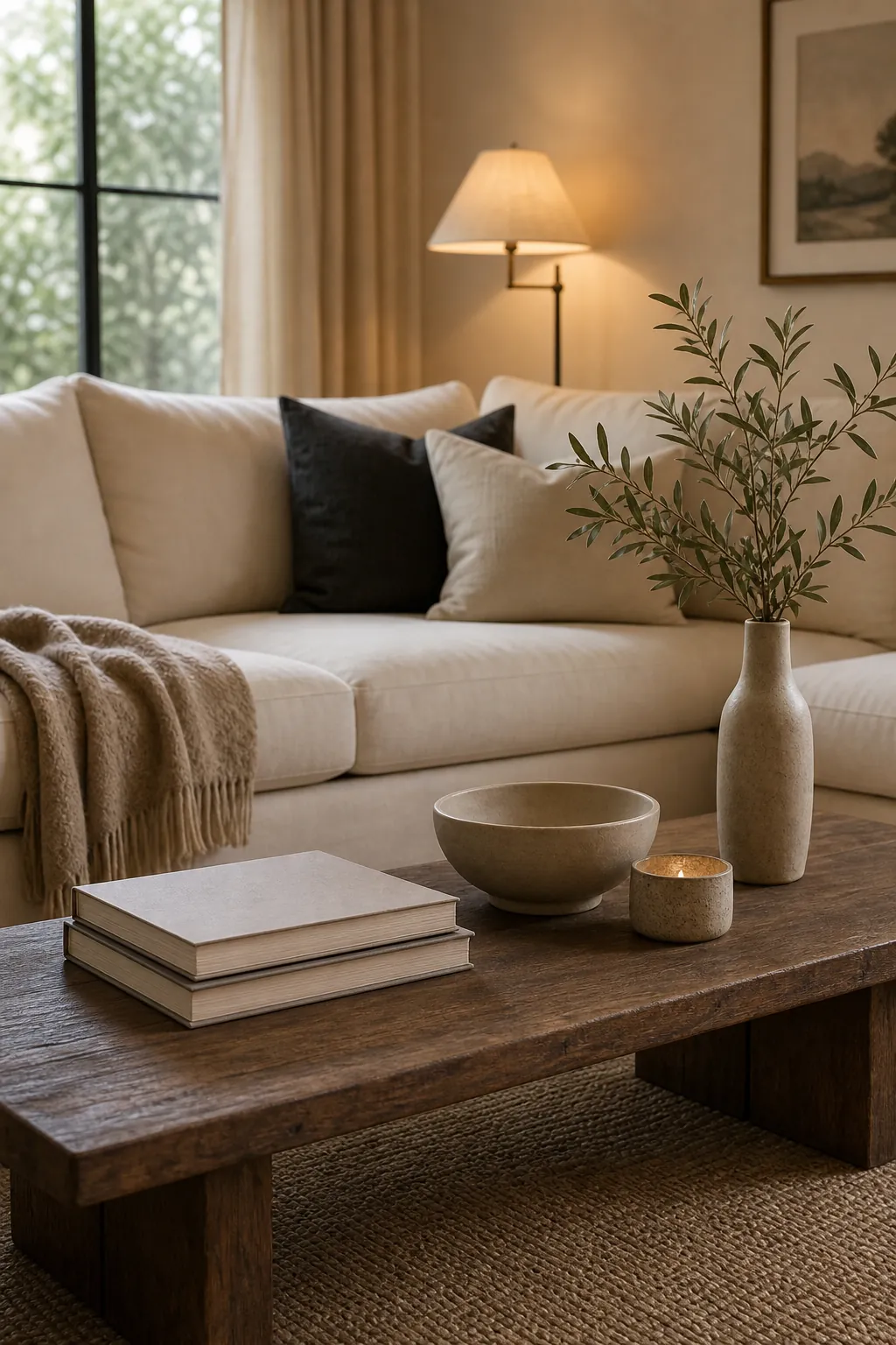 Neutral living room table decor with layered height, books, a small vase, and sofa styling