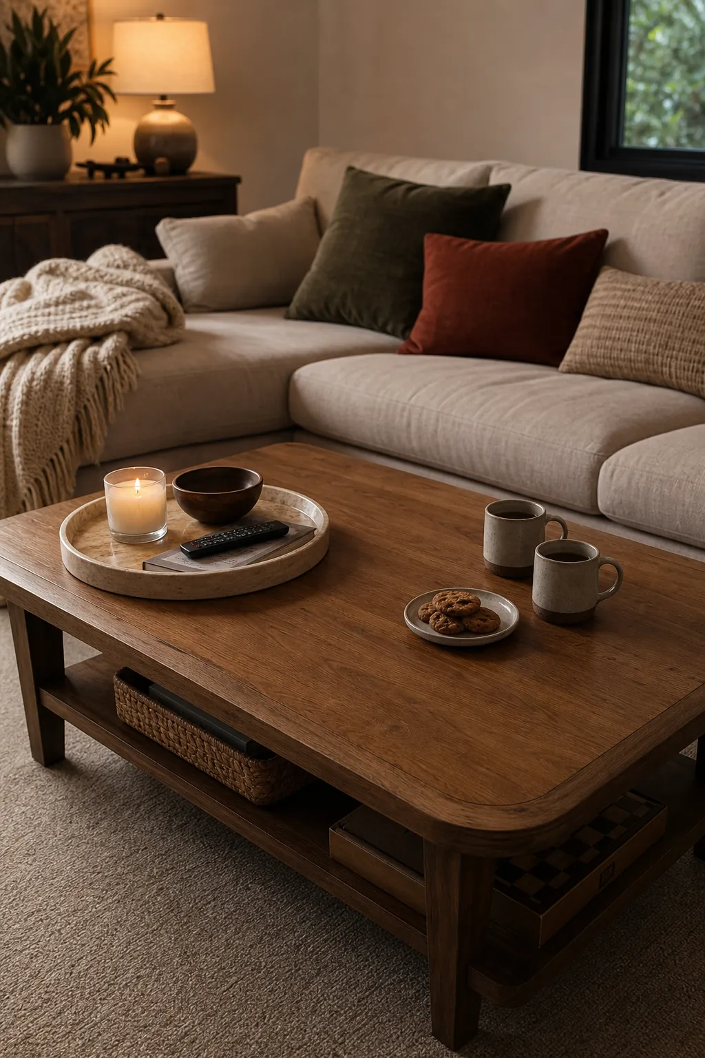 Family room coffee table with cozy decor and open space for mugs, snacks, and everyday use