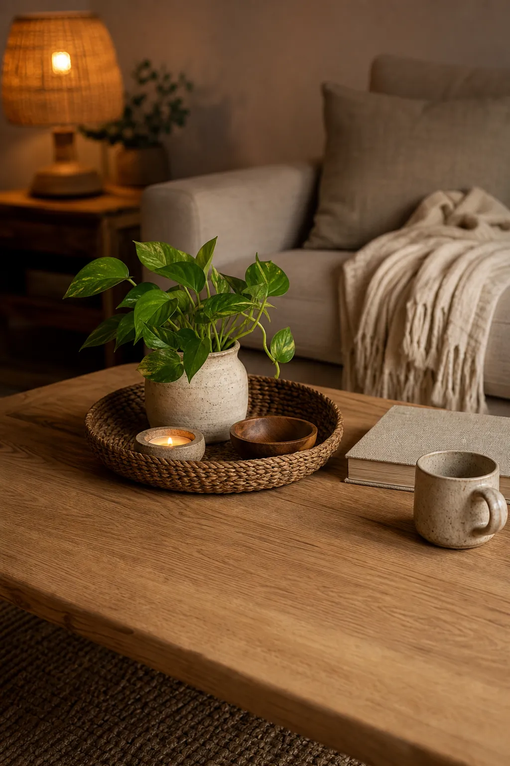 Plant decor on a cozy living room table with natural wood, neutral textiles, and evening light