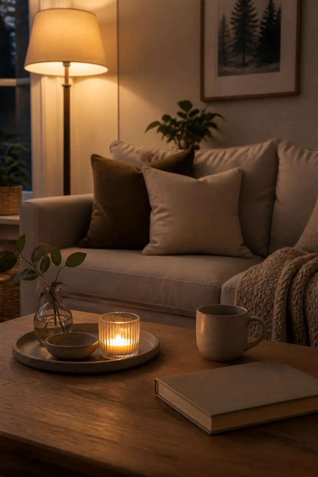Warm evening coffee table decor with candle glow, shaded lamp, and cozy living room sofa