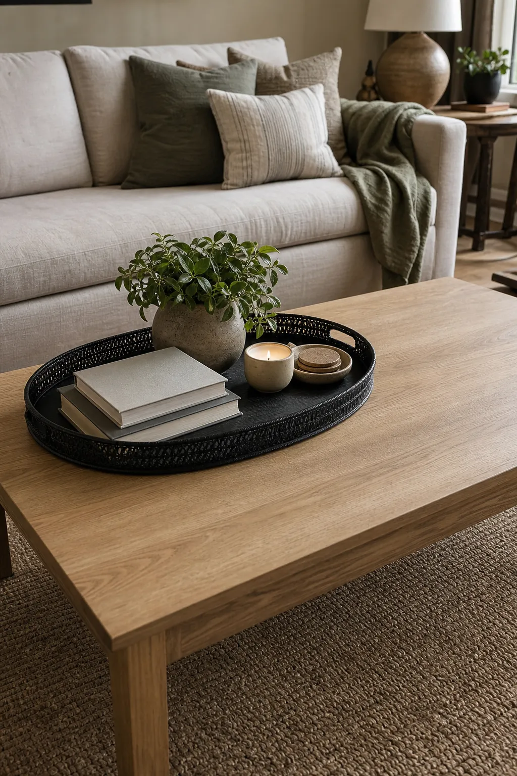 Coffee table decor anchored by one oval tray with books, a small plant, a candle, and open space