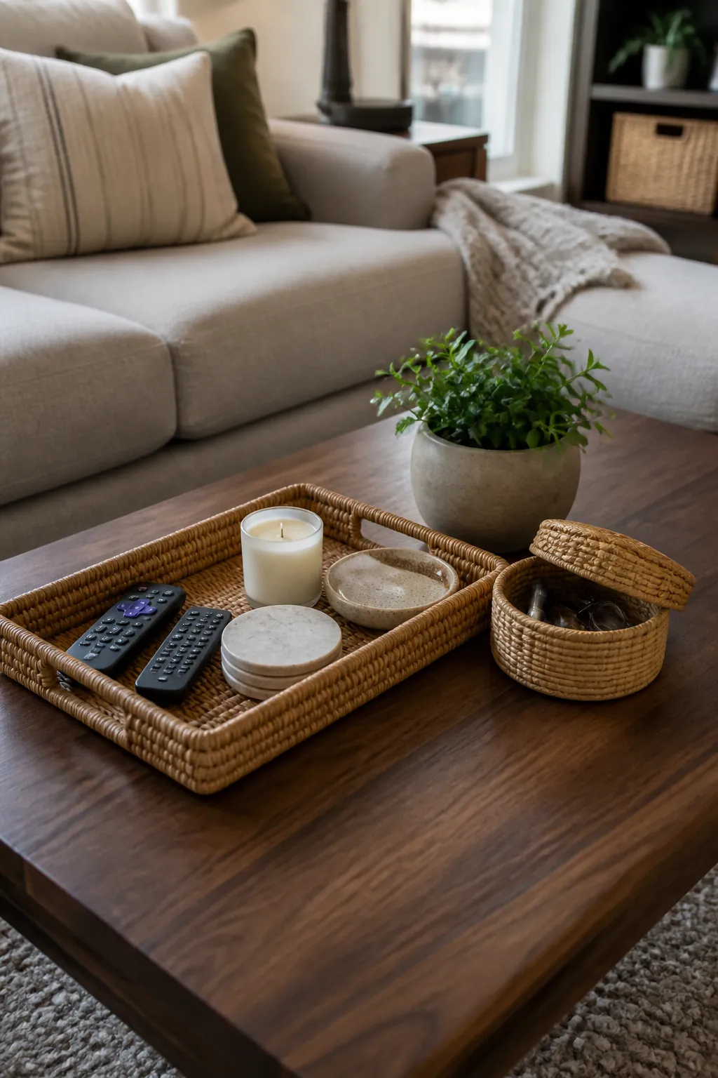 Everyday coffee table decor with remotes and coasters organized inside a tray and lidded basket