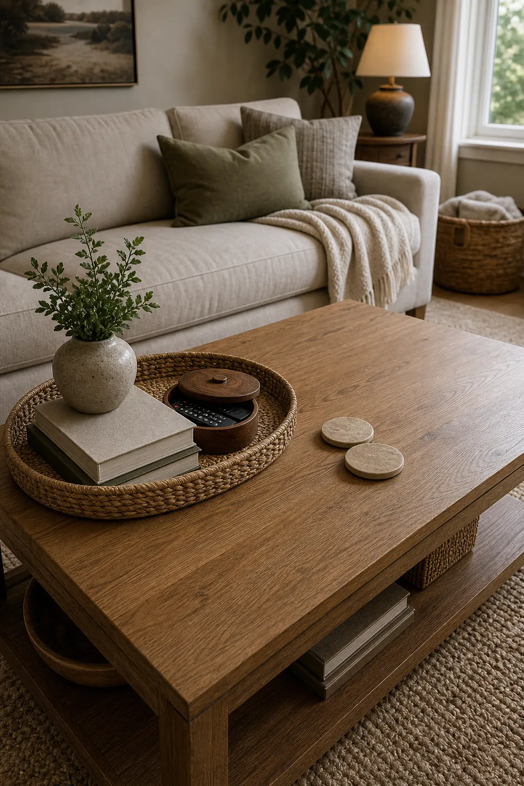Photorealistic cozy living room coffee table styled for everyday use without moving everything daily