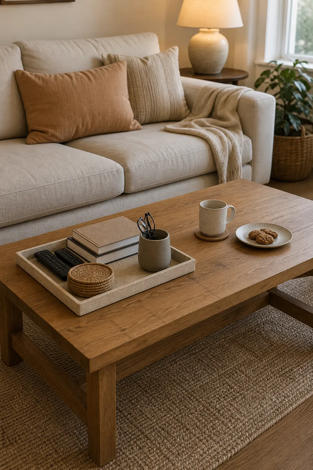 Functional coffee table styling with a tray, remotes, books, coasters, and clear space for daily use