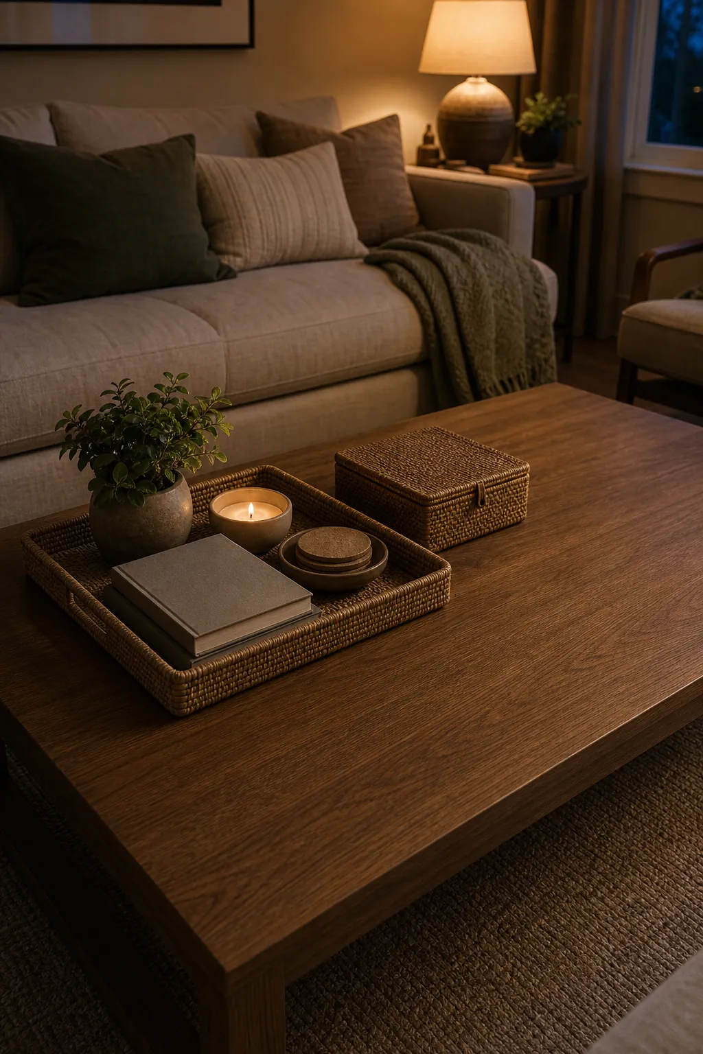 Cozy living room coffee table reset with a tray, lidded box, folded throw, and warm evening light