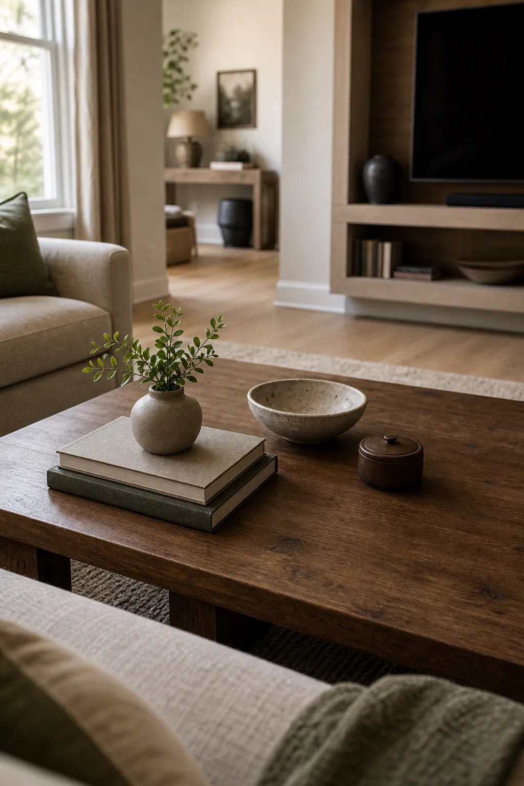 Low coffee table vignette with stacked books, a short vase, a round bowl, and a clear TV sightline