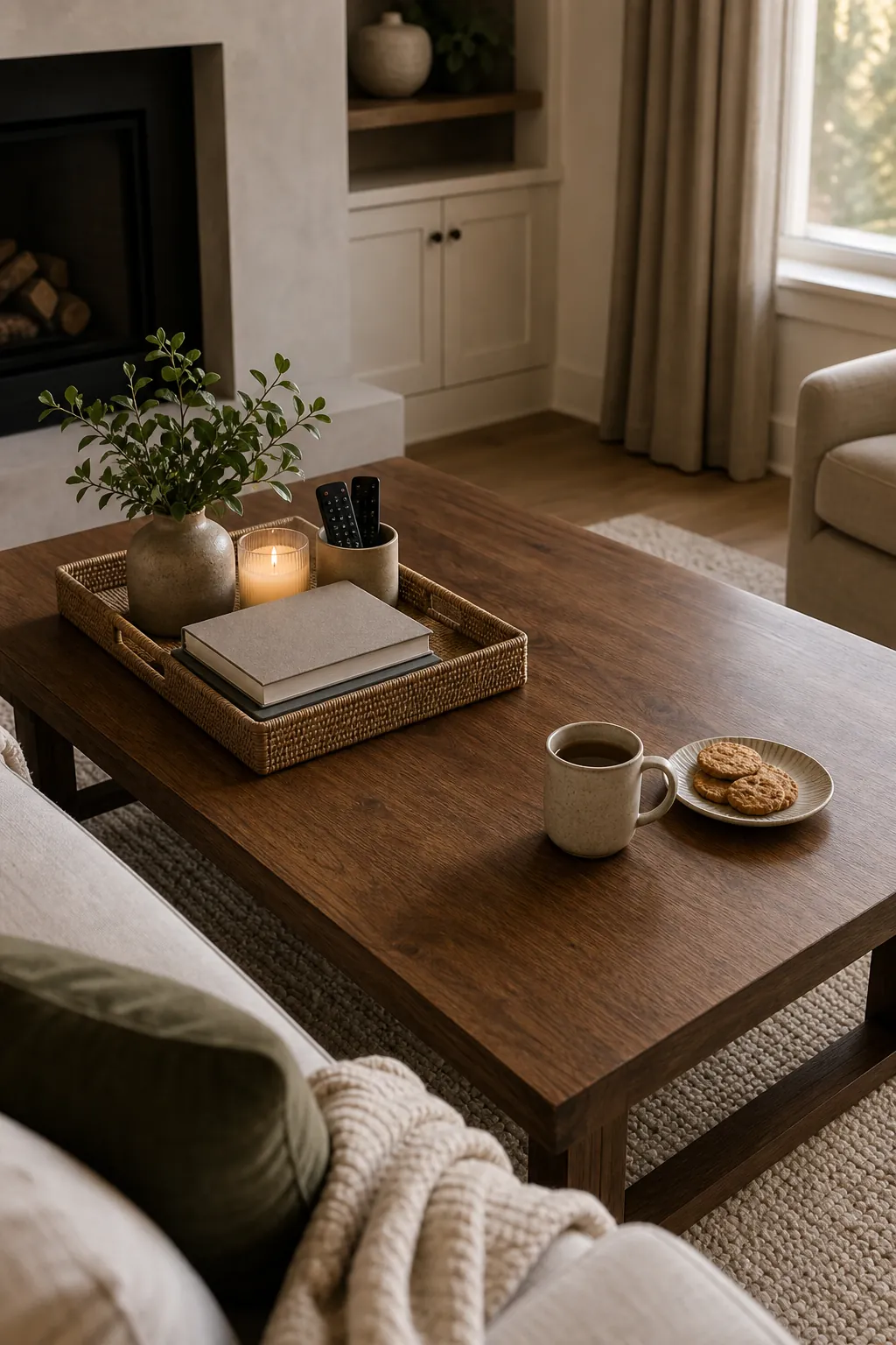 Styled living room coffee table with a clear landing zone for a mug and snack plate beside a sofa