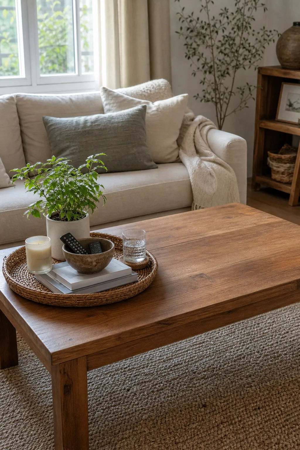 Styled but usable coffee table in a cozy living room