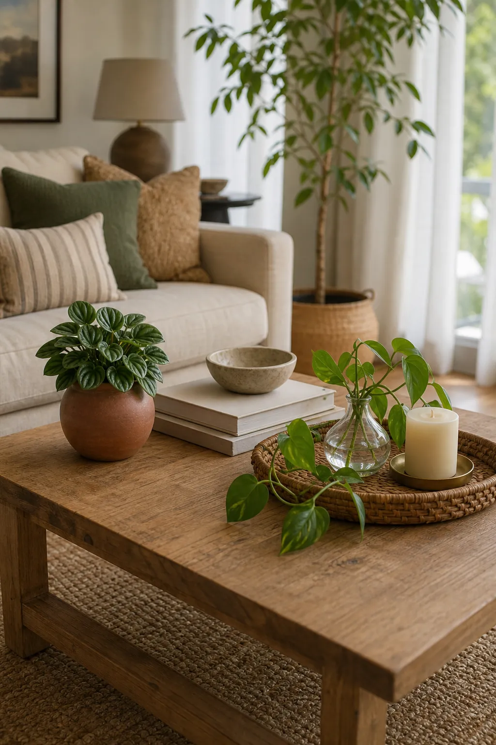 Coffee table decor with plants in a cozy living room