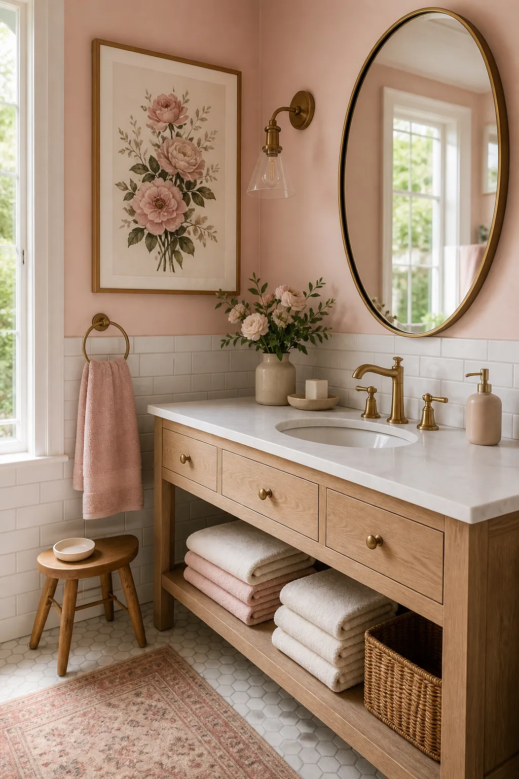 Elegant pink bathroom with blush walls, brass accents, marble, and soft natural light