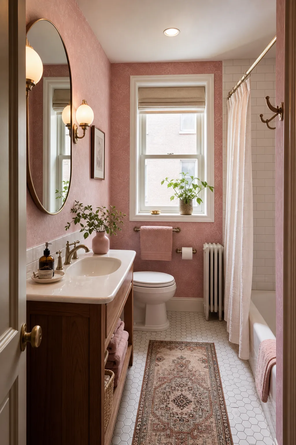 Small pink bathroom with bold personality, patterned walls, warm vanity styling, and elegant lighting