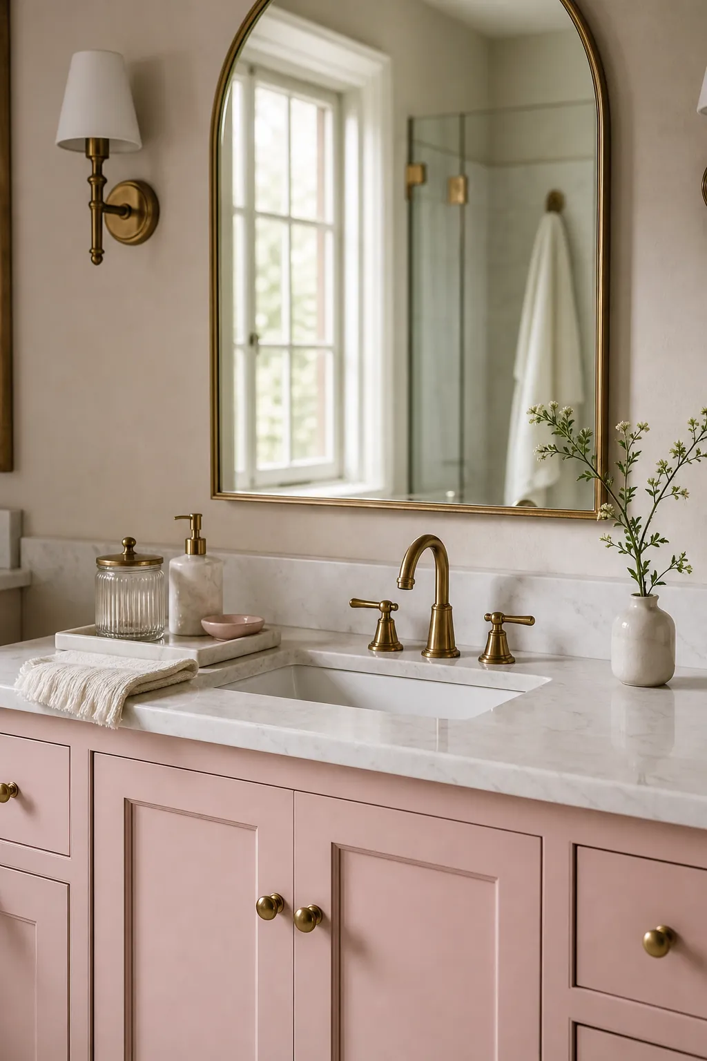 Pink vanity styling ideas with tray decor, soft towels, and a pretty bathroom counter