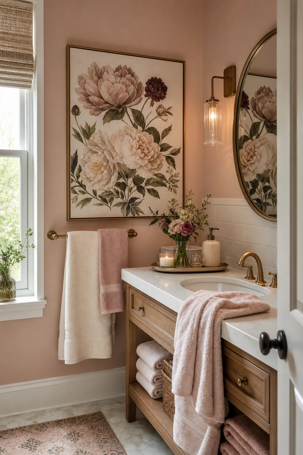 Elegant pink bathroom with floral art and soft towels