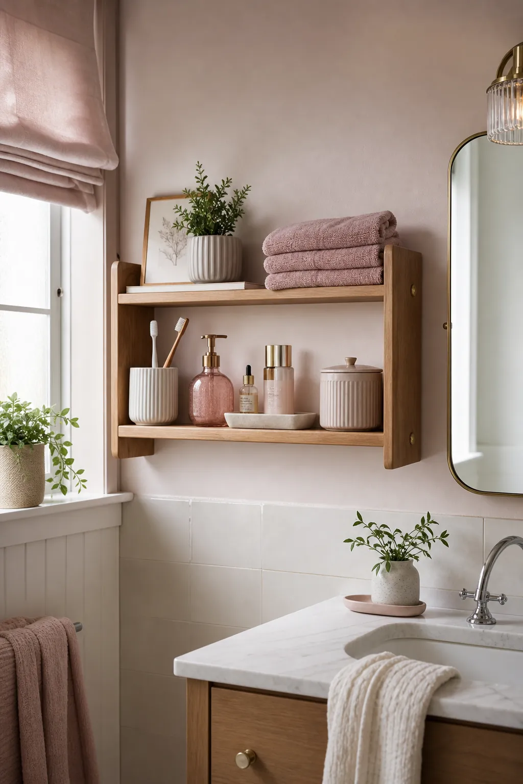 Photorealistic pink bathroom shelf decor with blush accessories, practical storage, towels, and soft natural light