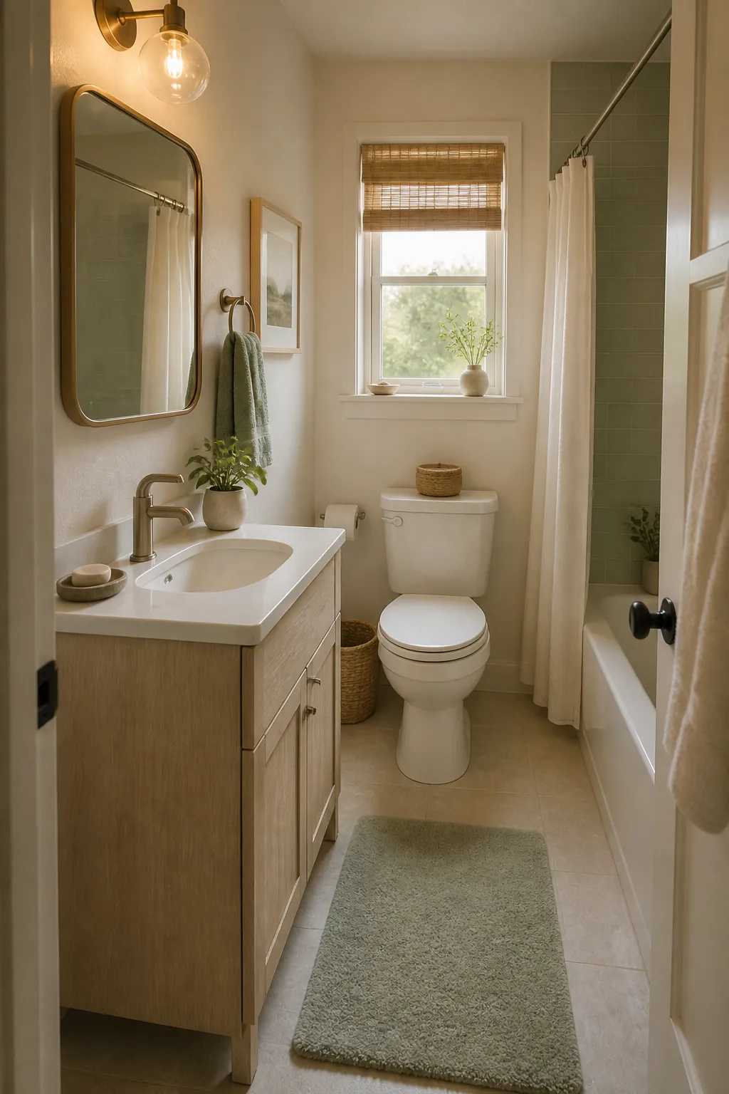 Tiny bathroom transformed into a calm spa retreat with soft towels, warm lighting, plants, and natural textures